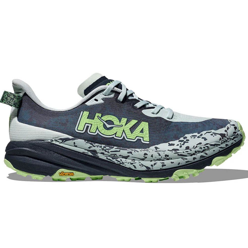 Side view on white background of Mens Hoka Speedgoat running shoe in Droplet/Nautical Dusk, Medium (Regular) width