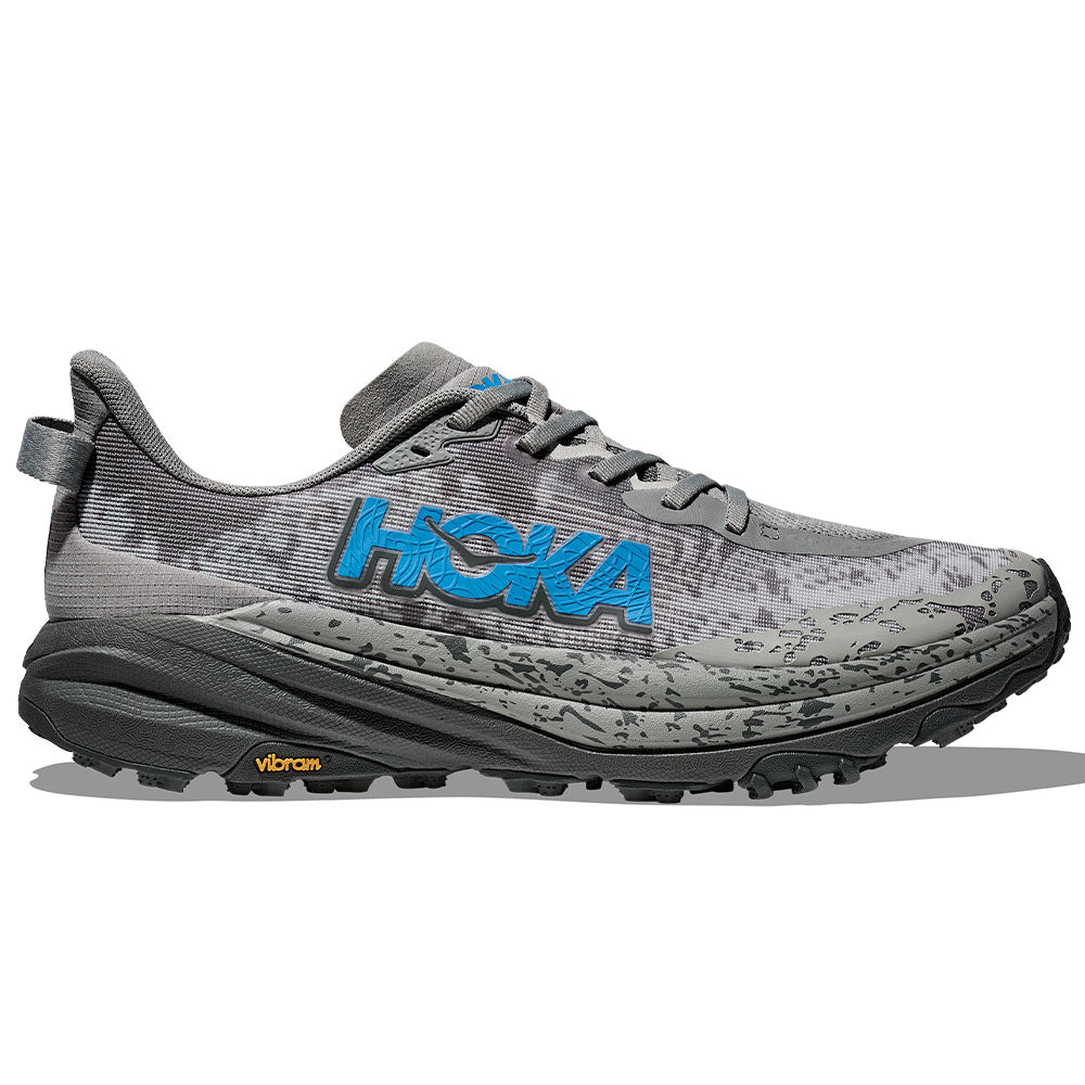 Side view on white background of Mens Hoka Speedgoat running shoe in Galactic Grey/Hoka Blue, Wide width
