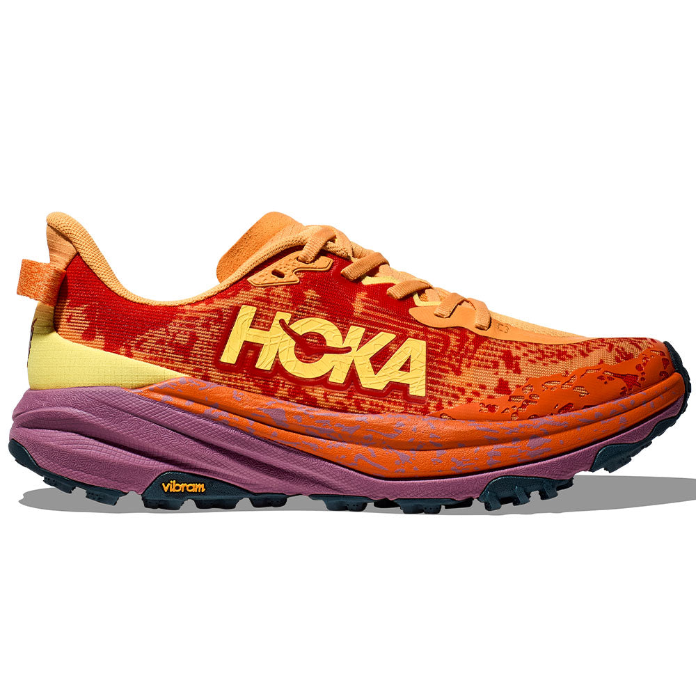 Side view on white background of Mens Hoka Speedgoat running shoe in Sherbet/Beet Root, Medium (Regular) width