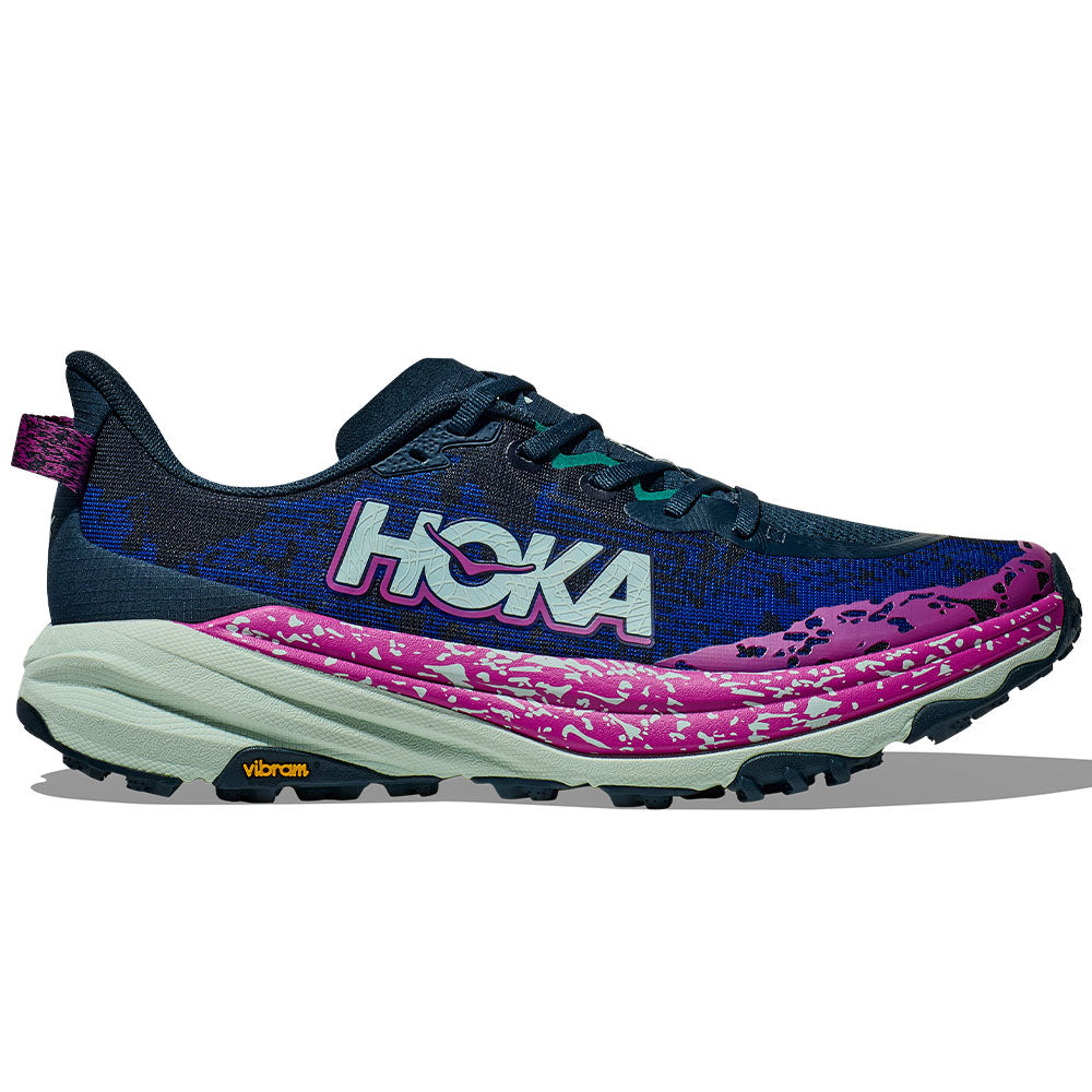 Side view on white background of Mens Hoka Speedgoat running shoe in Stormy Skies/Aqua Breeze, Medium (Regular) width