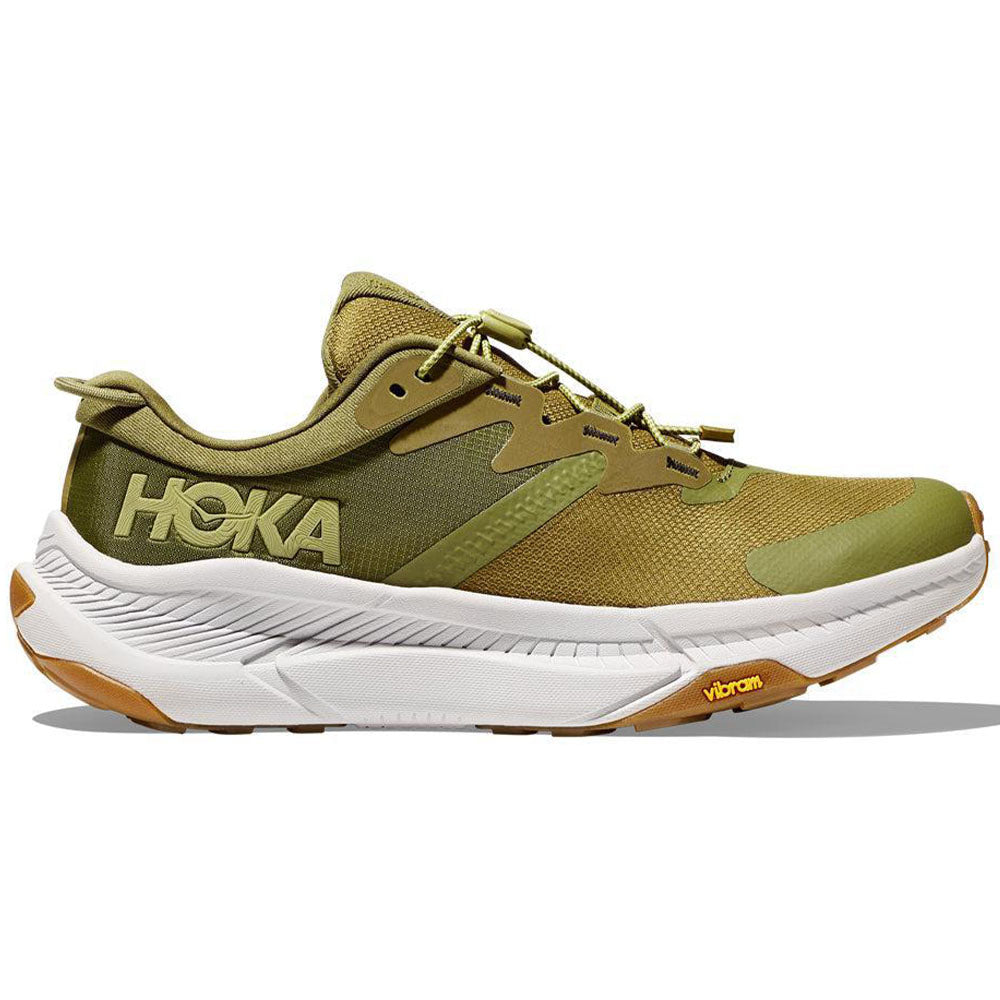 Side view on white background of Mens Hoka Transport running shoe in Avocado/Harbor Mist, Medium (Regular) width