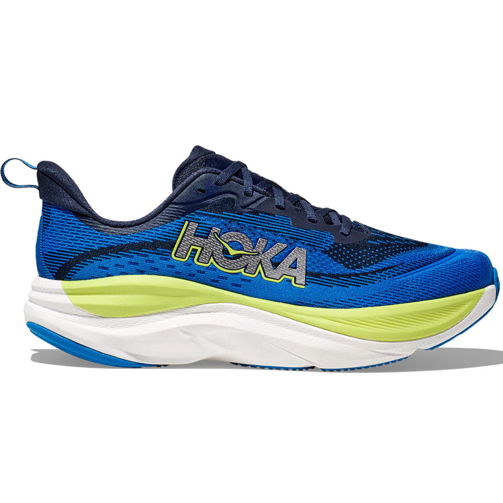Side view on white background of Mens Hoka Skyflow running shoe in Varsity Navy/Electric Cobalt, Medium (Regular) width