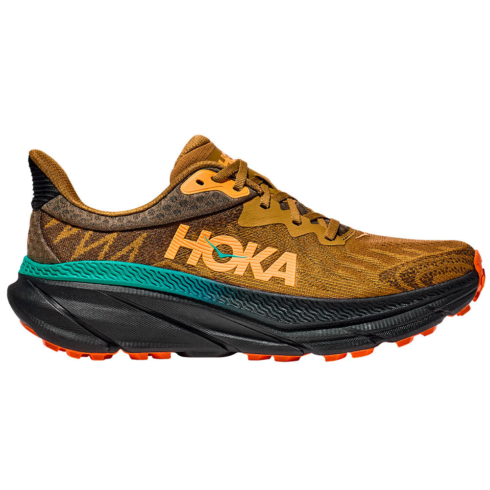 Side view on white background of Mens Hoka Challenger ATR running shoe in Honey/Black, Medium (Regular) width