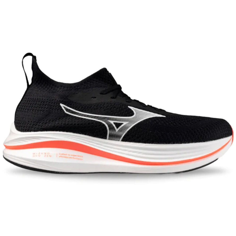 Side view on white background of Mens Mizuno Neo Zen running shoe in Black/Raspberry, Medium (Regular) width