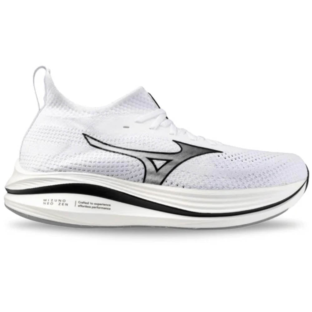 Side view on white background of Mens Mizuno Neo Zen running shoe in White/Black, Medium (Regular) width