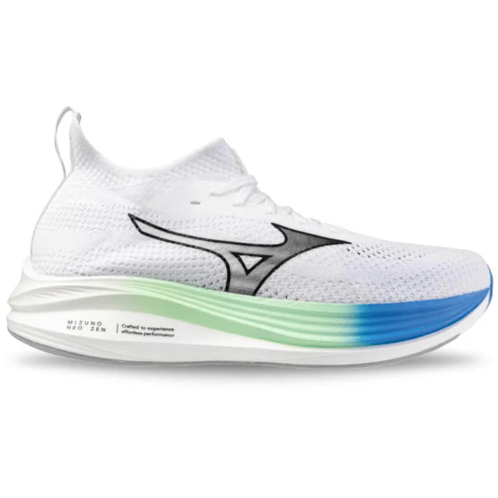 Side view on white background of Mens Mizuno Neo Zen running shoe in White/Frontier Blue, Medium (Regular) width