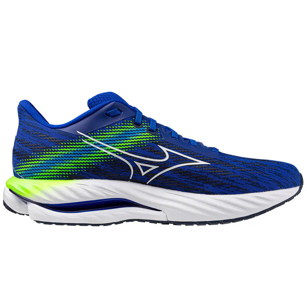 Side view on white background of Mens Mizuno Wave Inspire running shoe in Reflex Blue/White, Medium (Regular) width