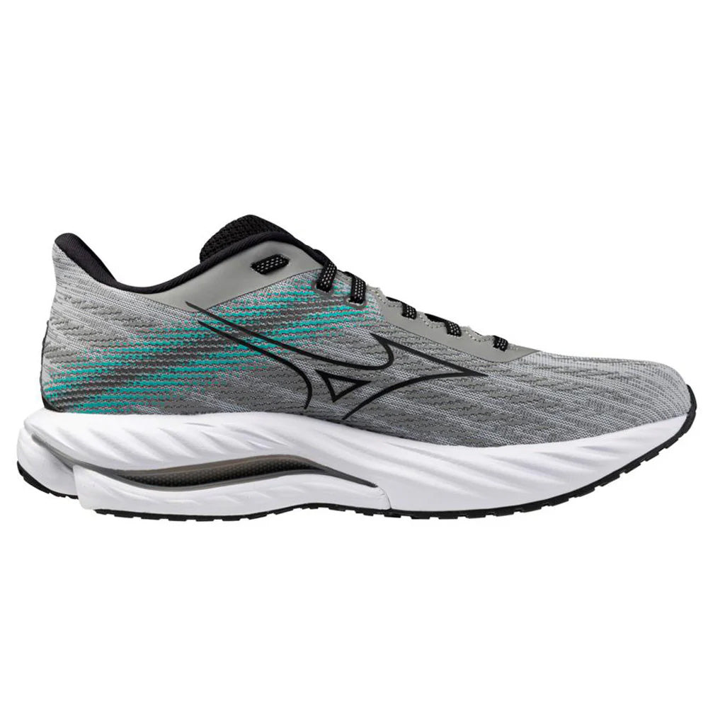 Side view on white background of Mens Mizuno Wave Inspire running shoe in Ultimate Grey/Black, Medium (Regular) width