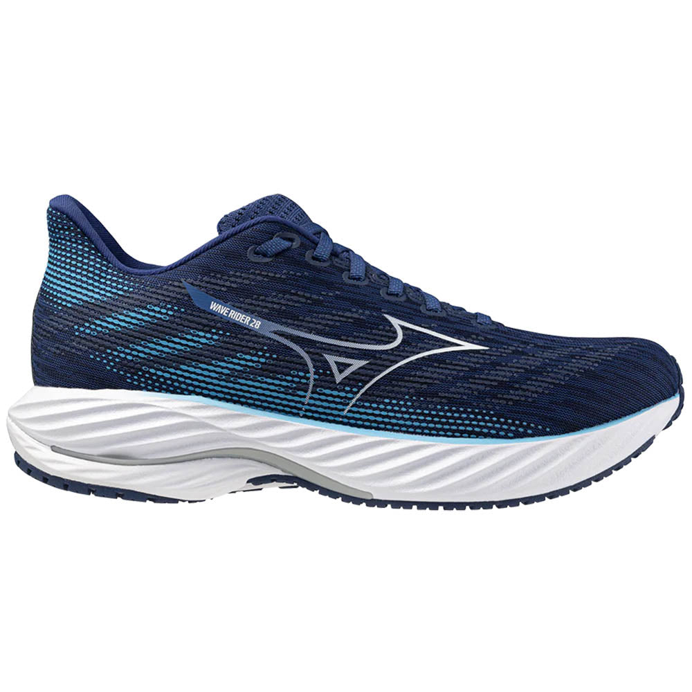 Side view on white background of Mens Bermuda mizuno vista Sportswear Cinza Feminino running shoe in Estate Blue/White, Medium (Regular) width
