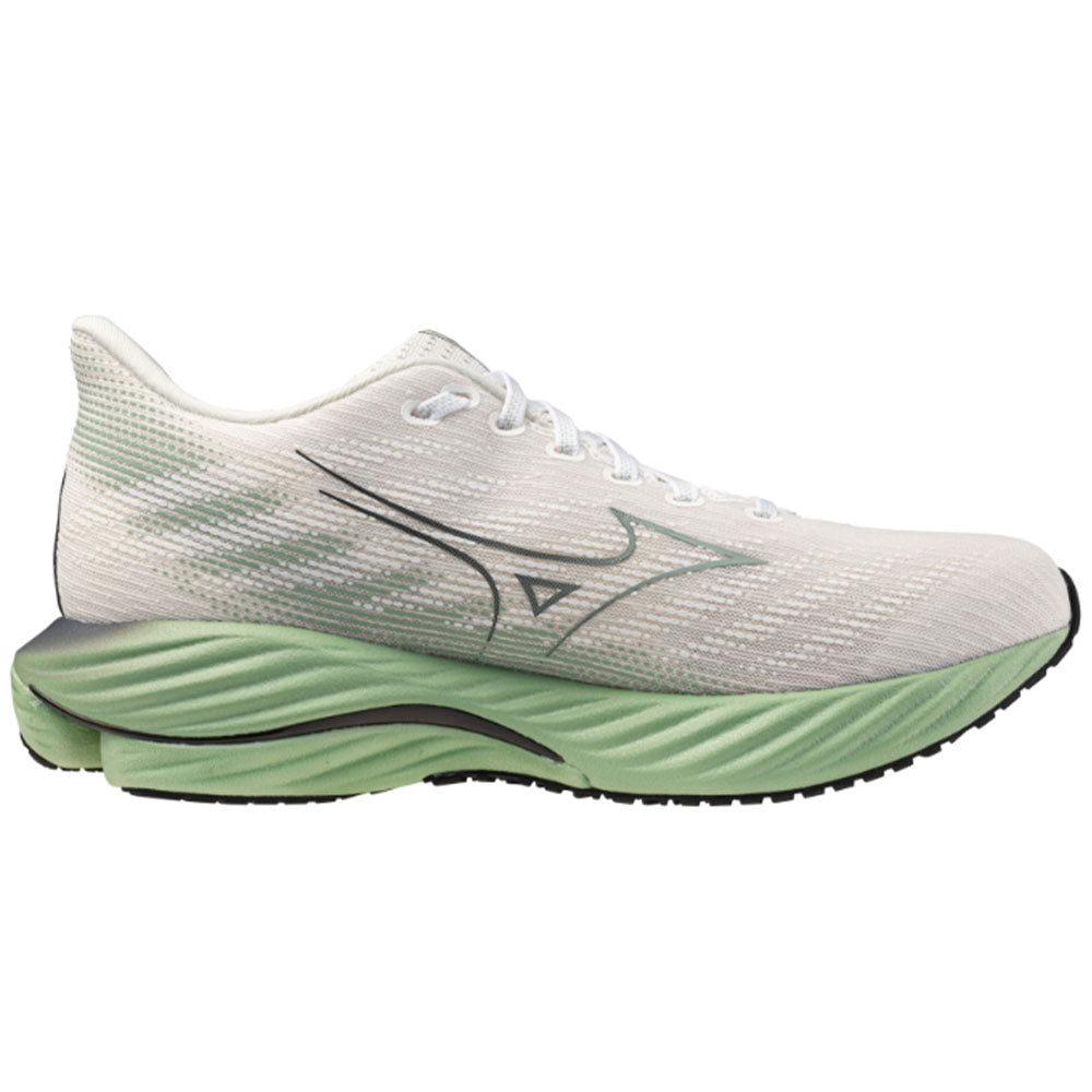 Side view on white background of Mens Mizuno Wave Rider running shoe in Snow White/Frosty Green, Medium (Regular) width