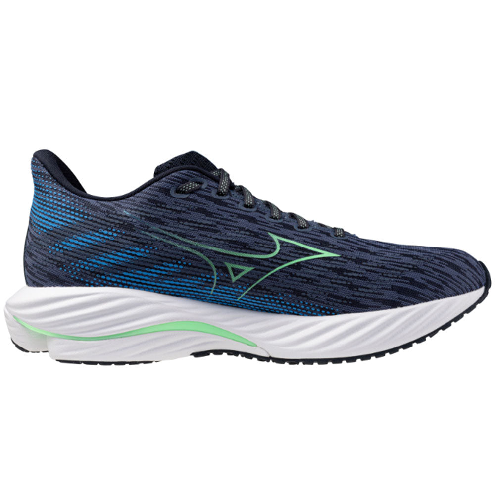 Side view on white background of Mens Mizuno Wave Rider running shoe in Vintage Indigo/Neo Mint, Medium (Regular) width
