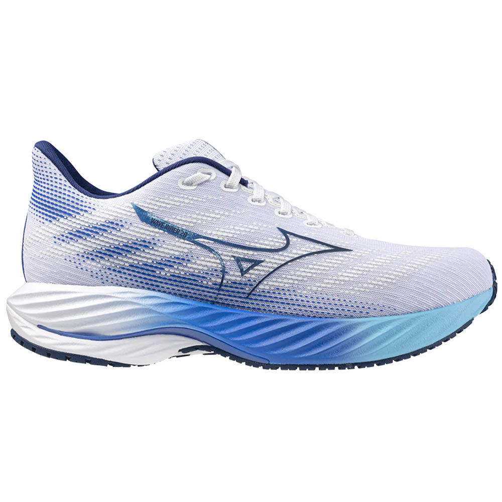 Side view on white background of Mens Mizuno Wave Rider running shoe in White/Estate Blue, Medium (Regular) width