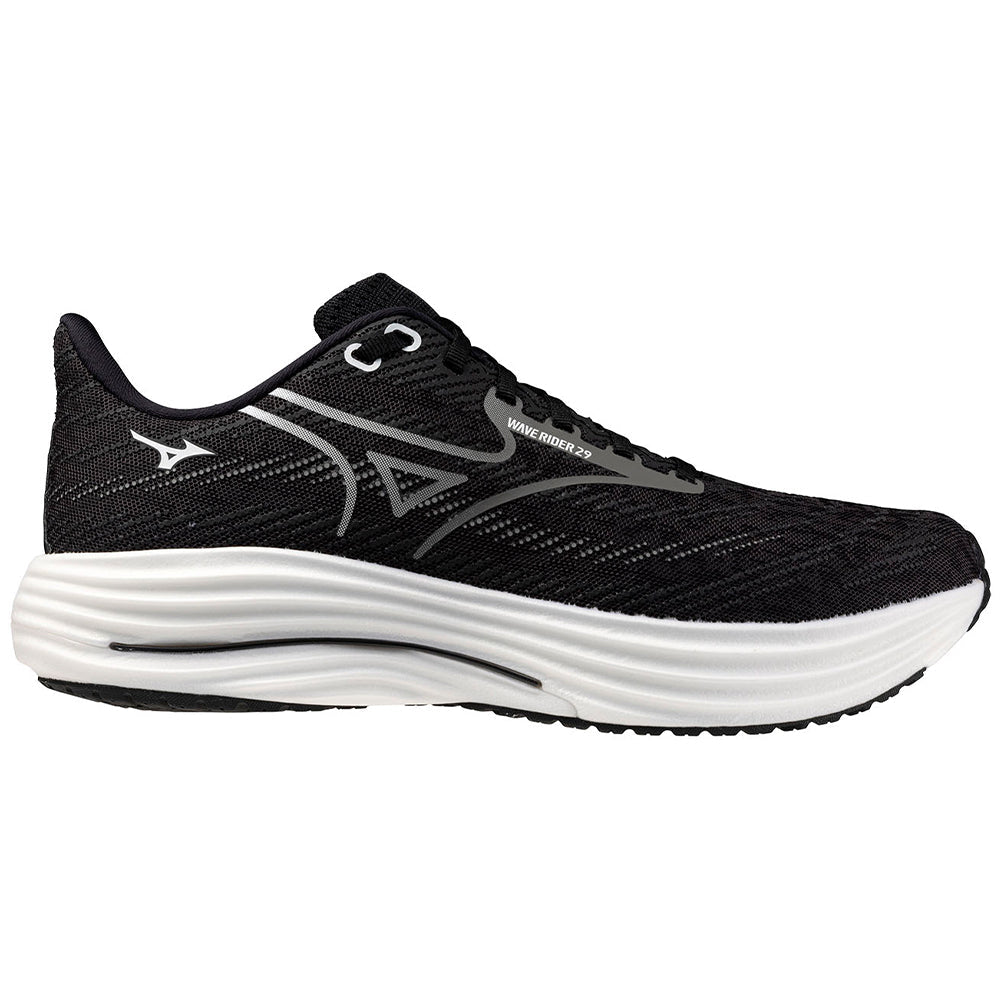Side view on white background of Mens Mizuno Wave Rider running shoe in Black Sand/Quiet Shade, Wide width