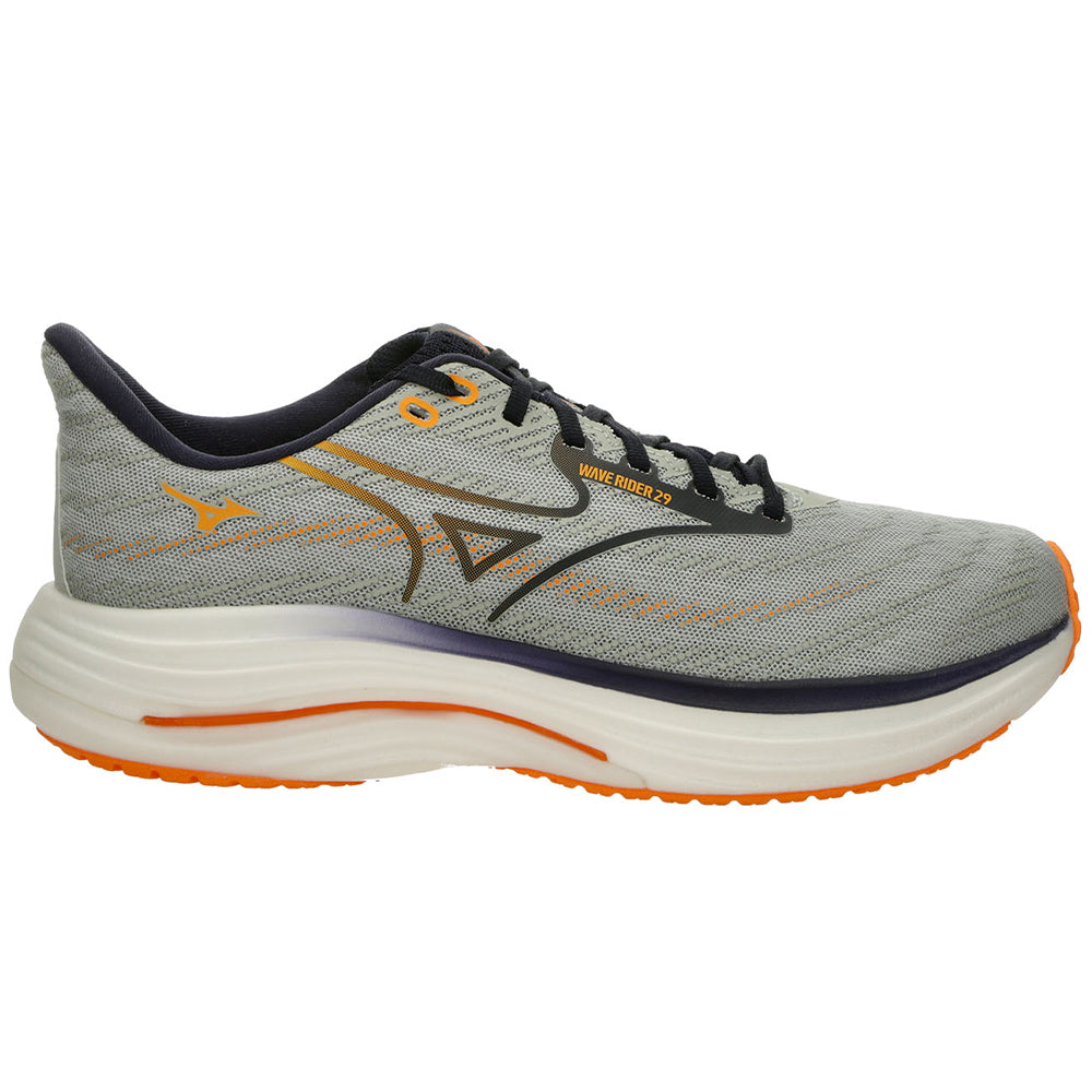 Side view on white background of Mens Mizuno Wave Rider running shoe in Harbor Mist/Baritone Blue, Medium (Regular) width