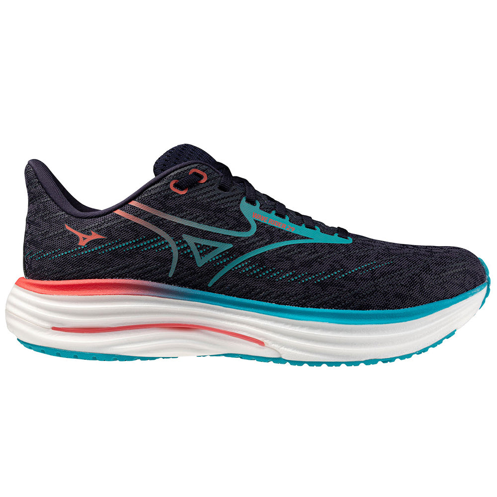 Side view on white background of Mens Mizuno Wave Rider running shoe in Odyssey Grey/Capri Breeze, Medium (Regular) width