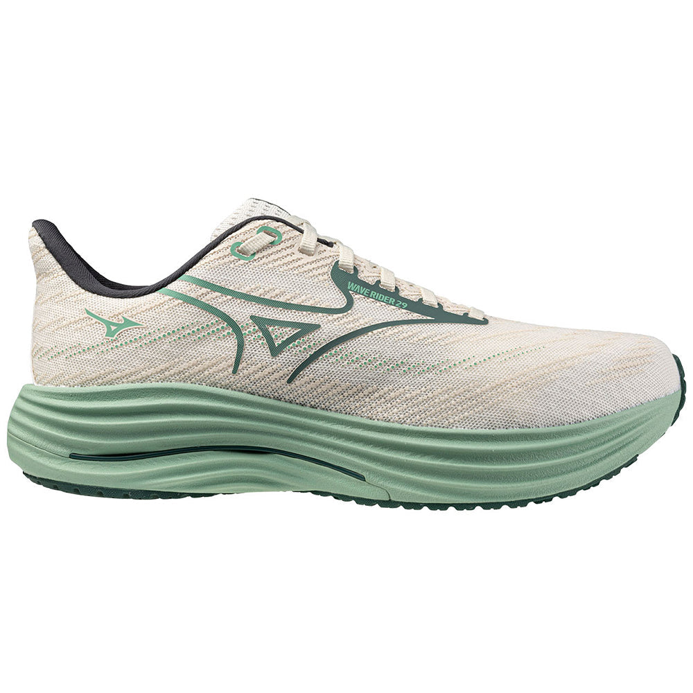 Side view on white background of Mens Mizuno Wave Rider running shoe in White/Bistro Green, Medium (Regular) width