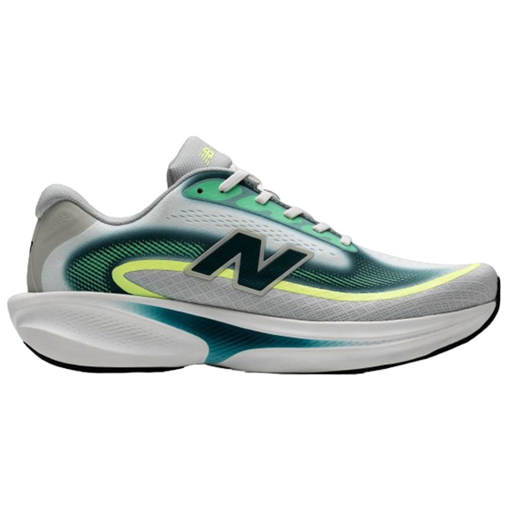Side view on white background of Mens New Balance Ellipse running shoe in Deep End/Glint Blue/Medusa Green, Medium (Regular) width
