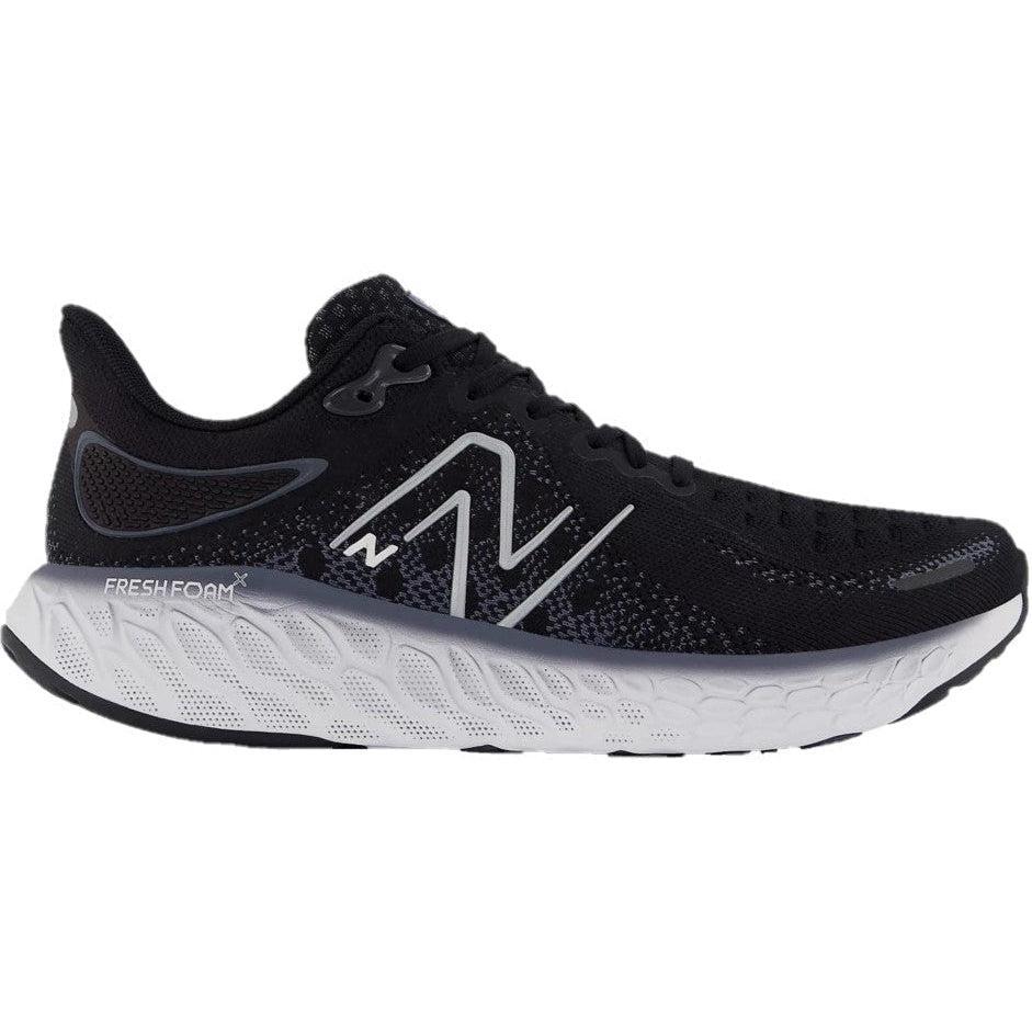 Side view on white background of Mens New Balance Fresh Foam 1080 running shoe in Black/Thunder/White, Narrow width