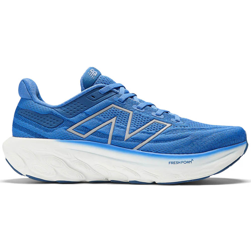 Side view on white background of Mens New Balance Fresh Foam X 1080 running shoe in Marine Blue/Night Sky, Medium (Regular) width