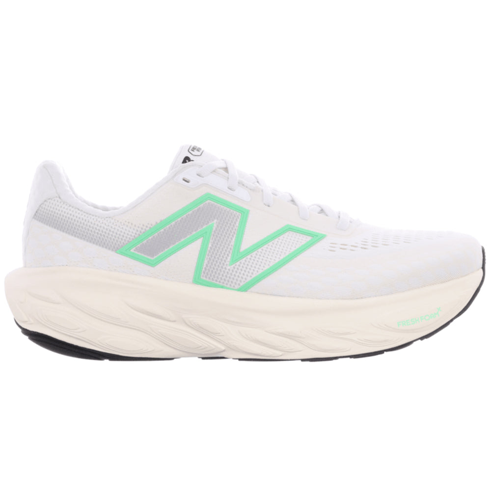Side view on white background of Mens New Balance Fresh Foam X 1080 running shoe in NB 103 White/Lime Leaf/Angora, Medium (Regular) width