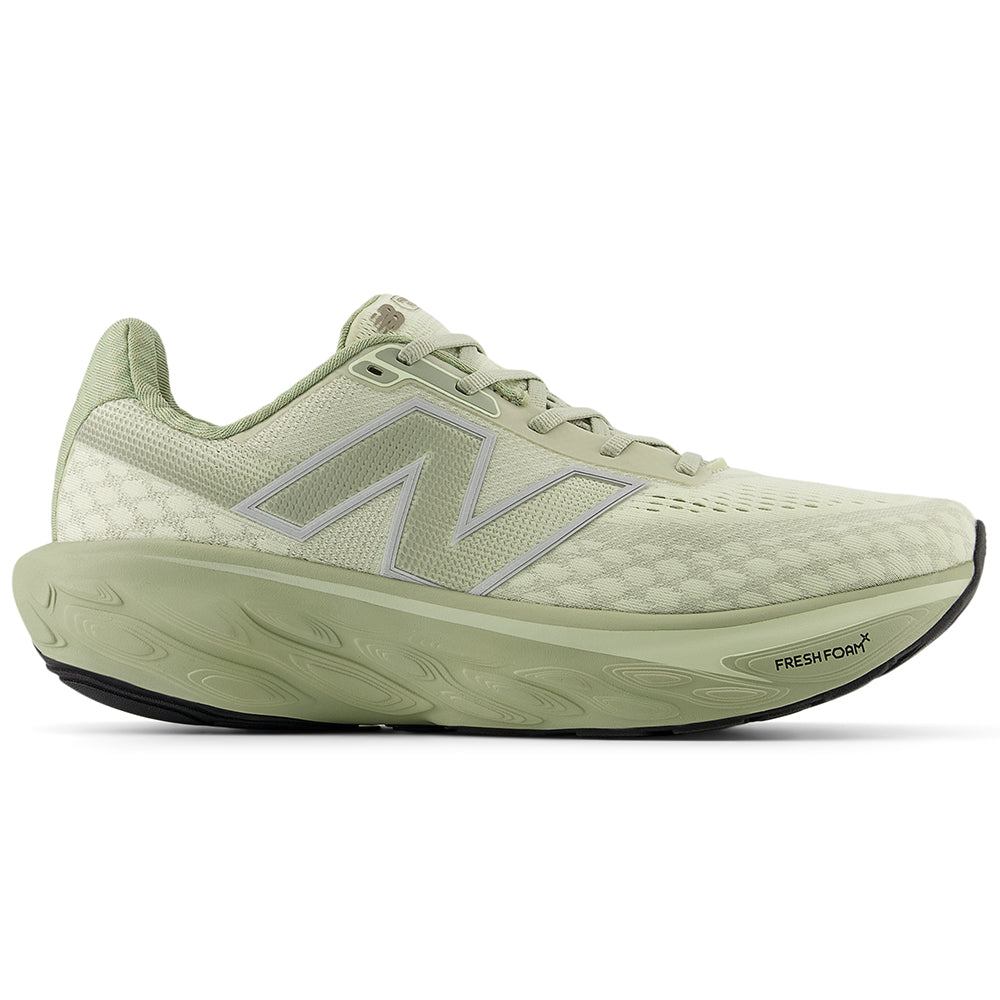 Side view on white background of Mens New Balance Fresh Foam X 1080v14 running shoe in Olivine/Mineral, Wide width
