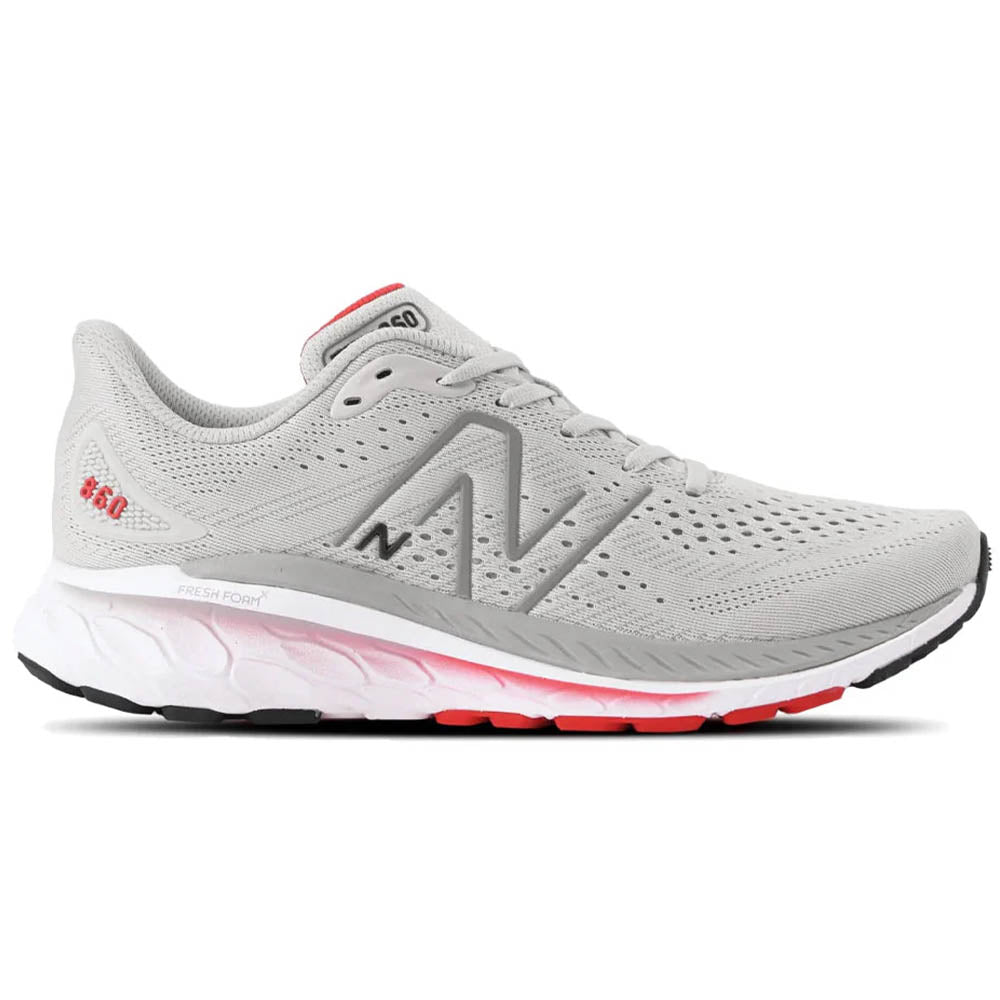 Side view on white background of Mens New Balance Fresh Foam 860 running shoe in Light Aluminum, Medium (Regular) width