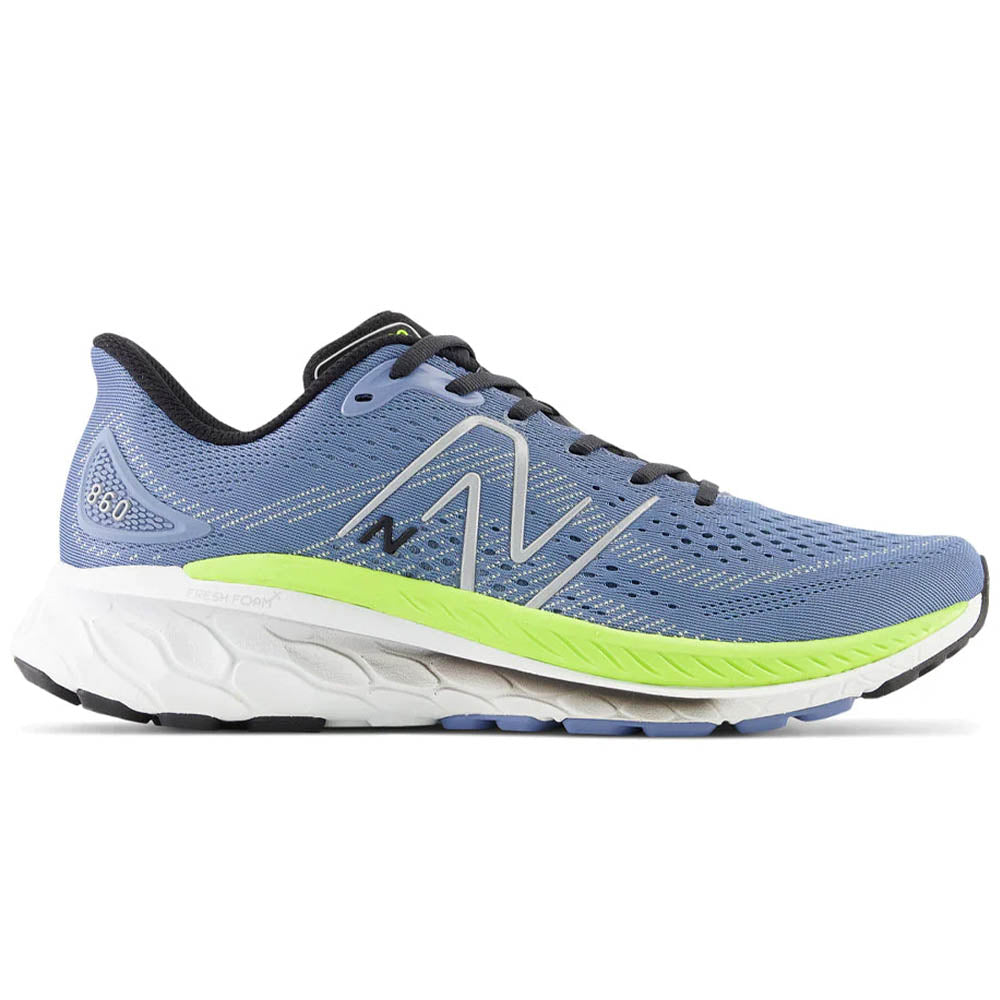 Side view on white background of Mens New Balance Fresh Foam 860 running shoe in Mercury Blue/Thirty Watt, Medium (Regular) width