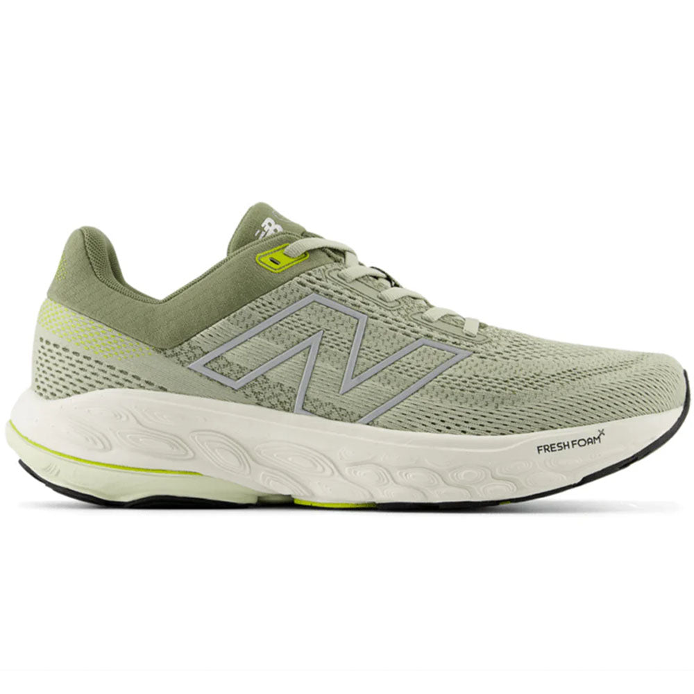 Side view on white background of Mens New Balance Fresh Foam 860 running shoe in Olivine/Silver Metallic/Dark Olivine, Wide width