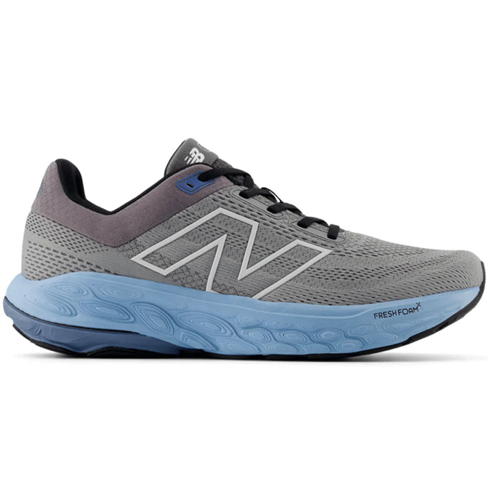 Side view on white background of Mens New Balance Fresh Foam 860 running shoe in Slate Grey/Chrome Blue/Sea Salt, Wide width