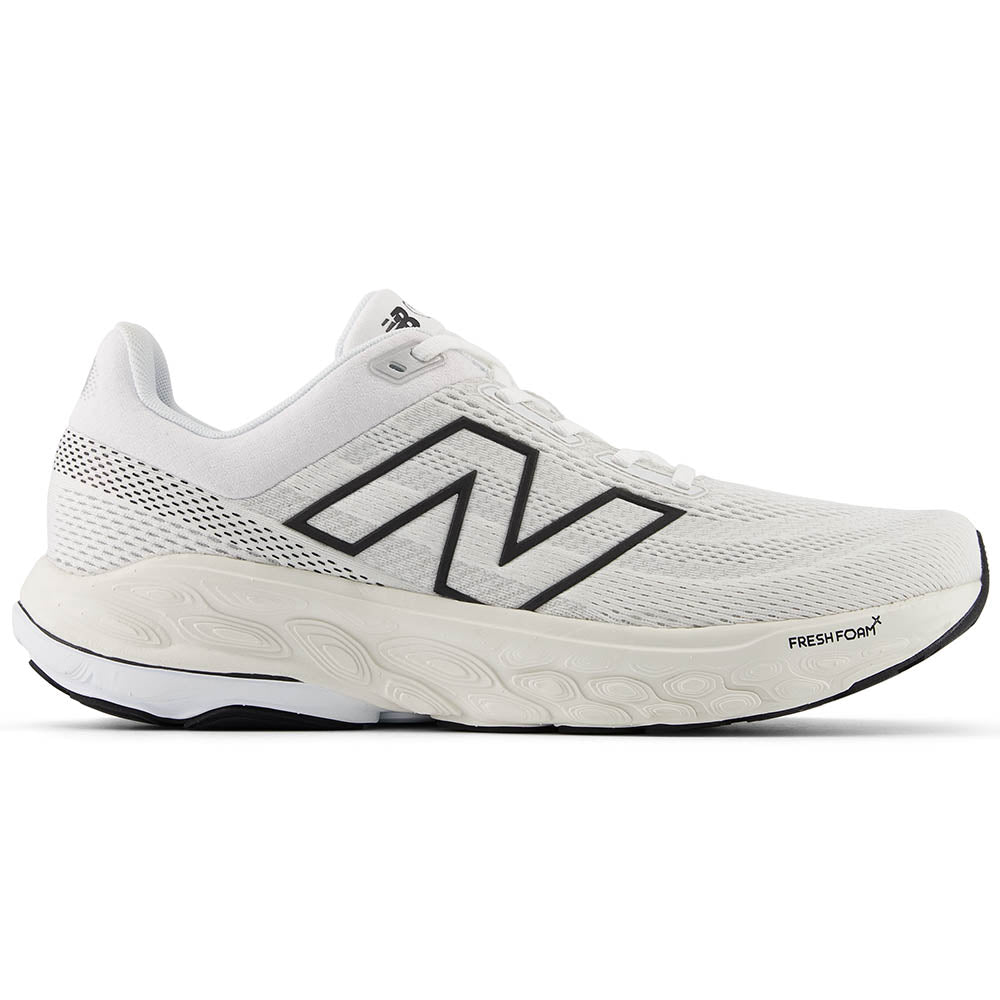 Side view on white background of Mens New Balance Fresh Foam X 860v14 running shoe in White/Black/Sea Salt, Wide width