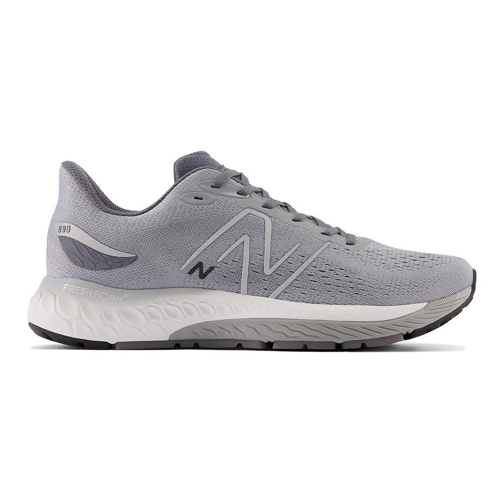 Side view on white background of Mens New Balance Fresh Foam 880 running shoe in Steel, Extra Wide width