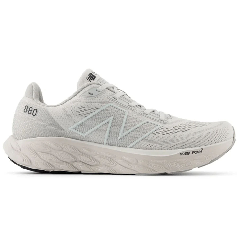 Side view on white background of Mens New Balance Fresh Foam 880 running shoe in Grey Matter/Raincloud/Reflection, Wide width