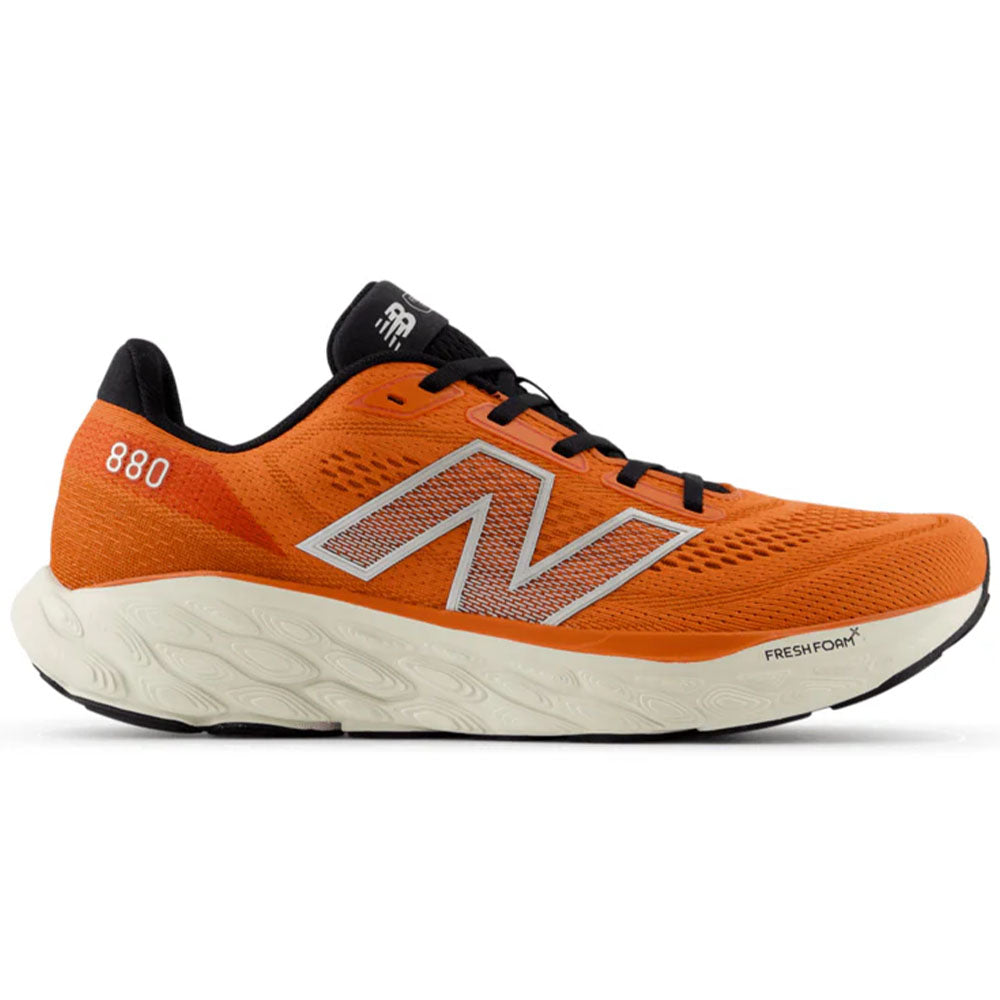 Side view on white background of Mens New Balance Fresh Foam 880 running shoe in Infield Clay/Silver Metallic/Black, Wide width