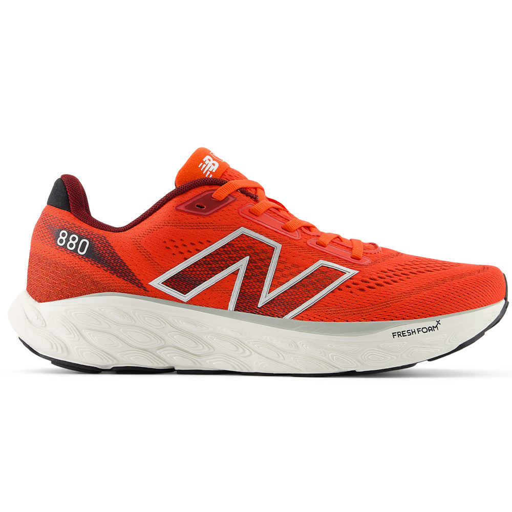 Side view on white background of Mens New Balance Fresh Foam X 880v14 running shoe in Neo Flame/Mercury Red/Sea Salt, Medium (Regular) width