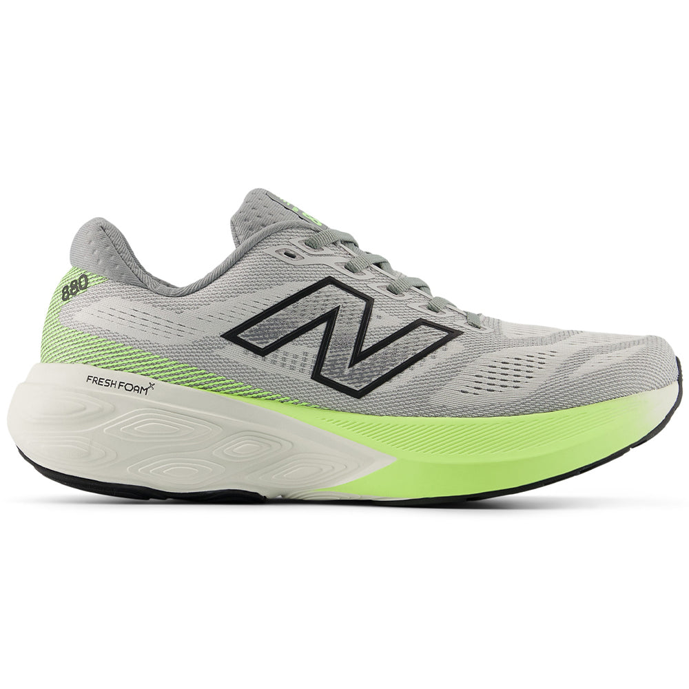 Side view on white background of Mens New Balance Fresh Foam 880 running shoe in Grey Matter/Afterglow, Wide width