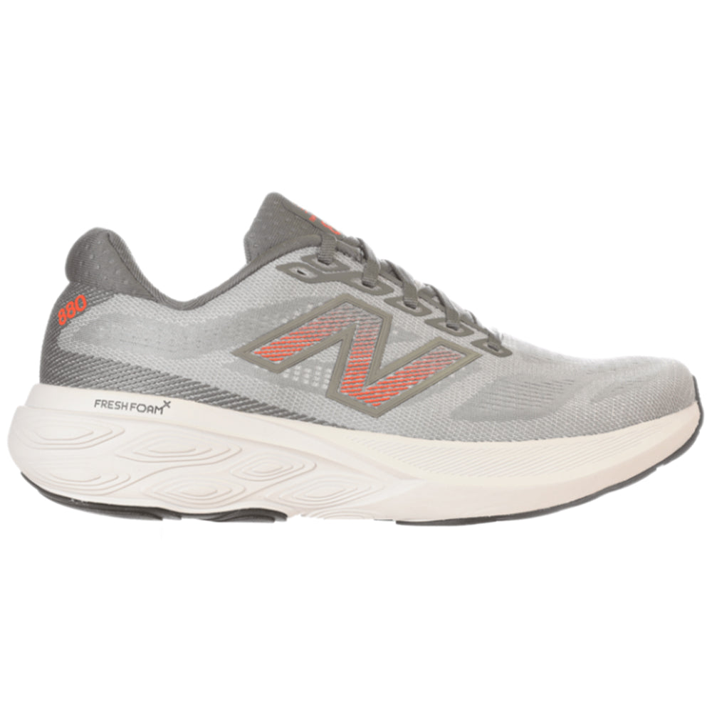 Side view on white background of Mens New Balance Fresh Foam 880 running shoe in Slate Grey/Reflection/Urgent Red, Wide width