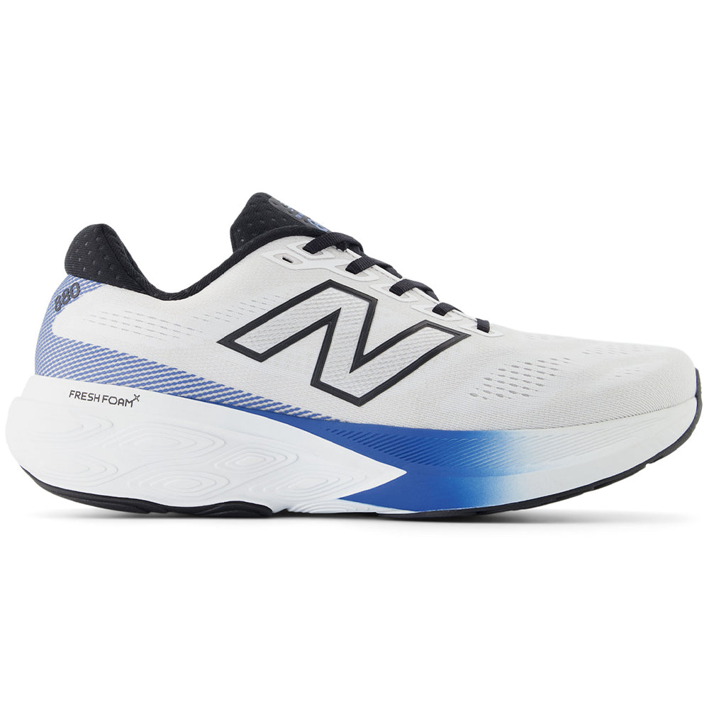 Side view on white background of Mens New Balance Fresh Foam 880 running shoe in NB 103 White/Blue Agate/Black, Medium (Regular) width