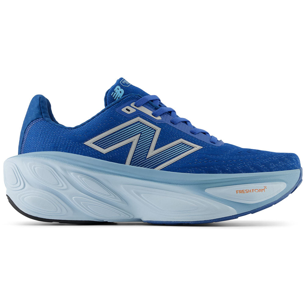 Side view on white background of Mens New Balance Fresh Foam X More running shoe in Blue Agate/Quarry Blue/Silver Metallic, Medium (Regular) width