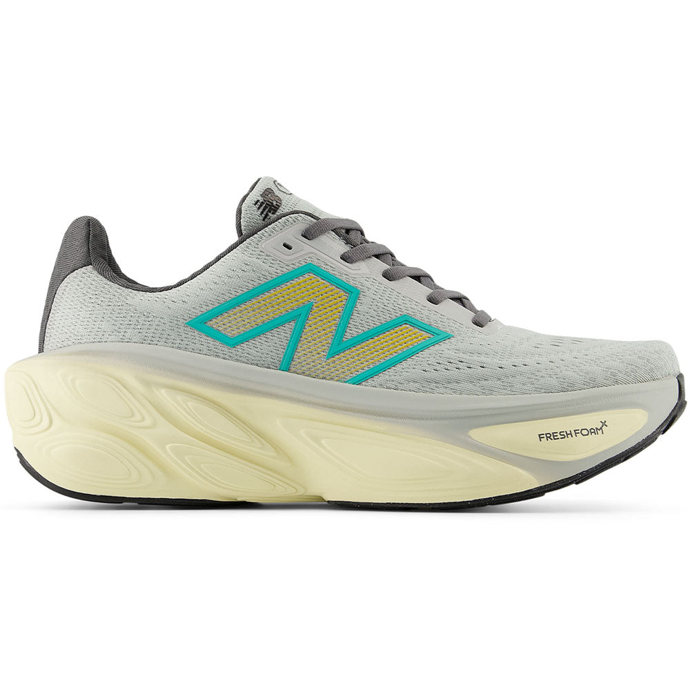 Side view on white background of Mens New Balance Fresh Foam X More running shoe in Brighton Grey/Calcium/Cyber Jade, Wide width