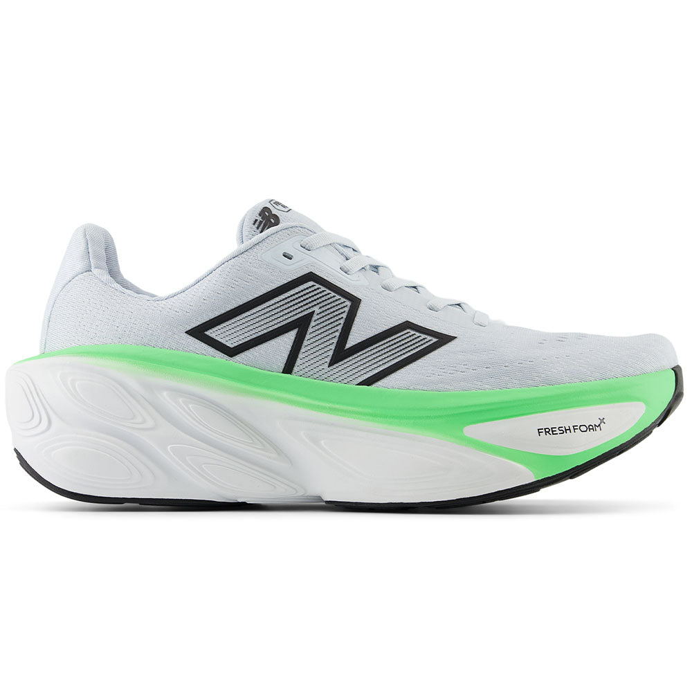 Side view on white background of Mens New Balance Fresh Foam X More running shoe in Ice Blue/Electric Jade/Black, Medium (Regular) width