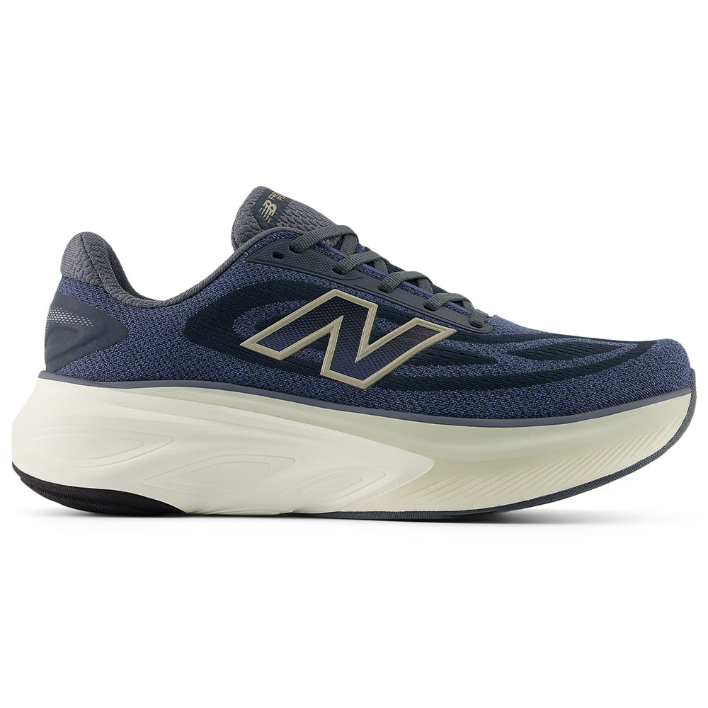 Side view on white background of Mens New Balance Fresh Foam X More running shoe in Graphite/Vintage Indigo/Shipyard, Medium (Regular) width