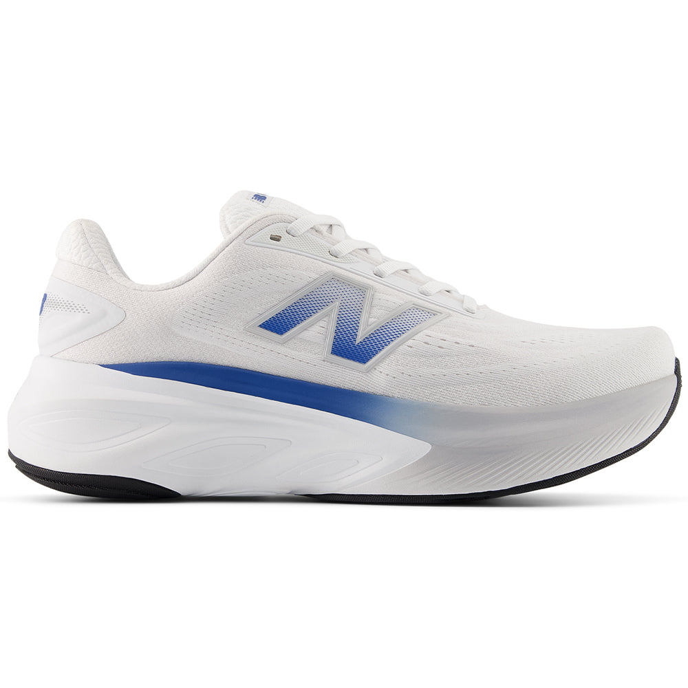Side view on white background of Mens New Balance Fresh Foam X More running shoe in NB 103 White/Blue Agate/Reflection, Medium (Regular) width