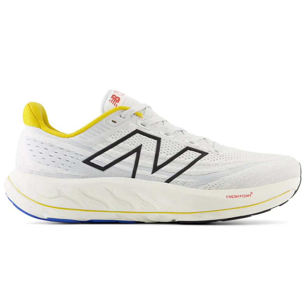 Side view on white background of Mens New Balance Fresh Foam Vongo running shoe in White/Ginger Lemon, Medium (Regular) width