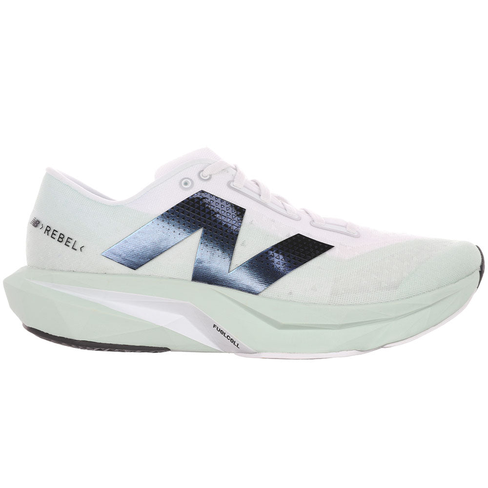 Side view on white background of Mens New Balance FuelCell Rebel running shoe in Clay Ash/White/Black, Medium (Regular) width