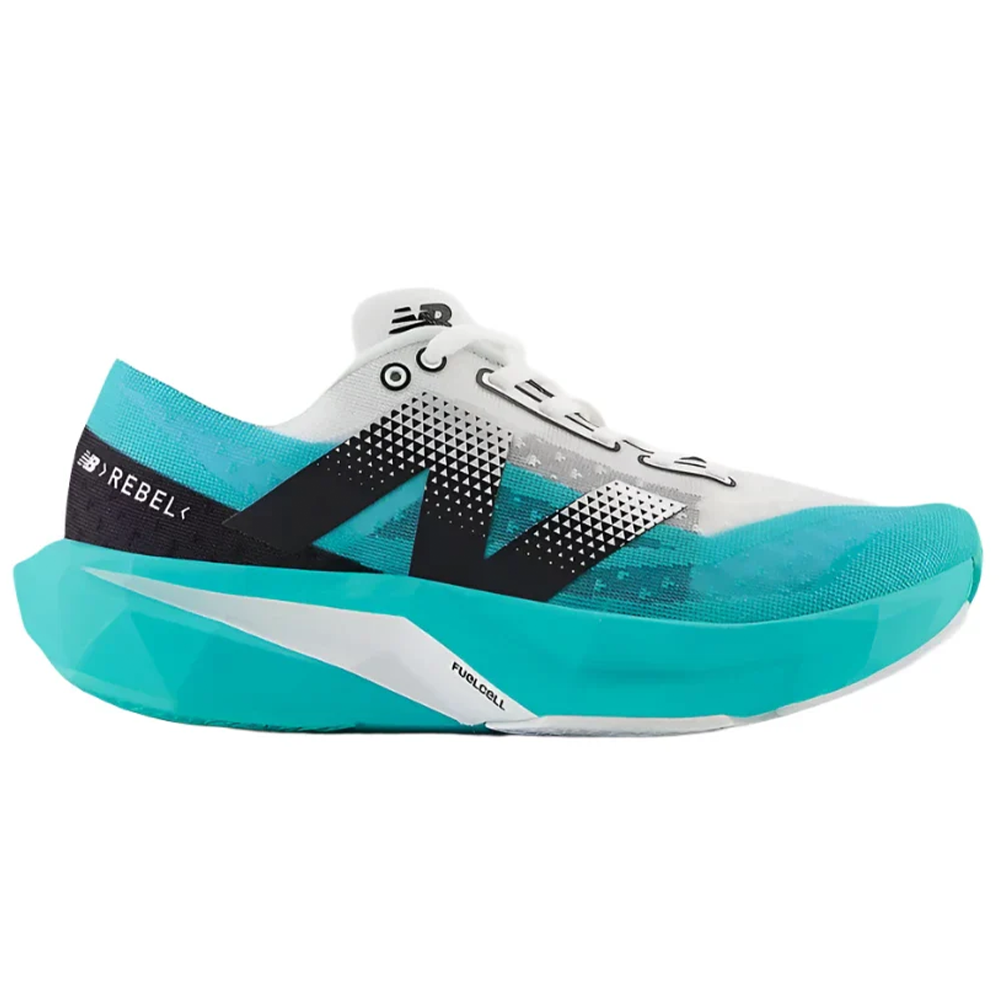 Side view on white background of Mens New Balance FuelCell Rebel running shoe in Cyber Jade/White/Black, Medium (Regular) width