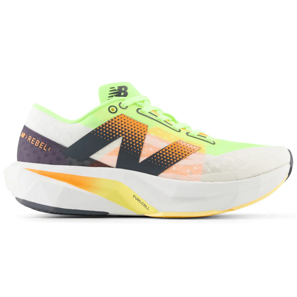 Side view on white background of Mens New Balance FuelCell Rebel running shoe in White/Bleached Lime Glo/Hot Mango, Medium (Regular) width