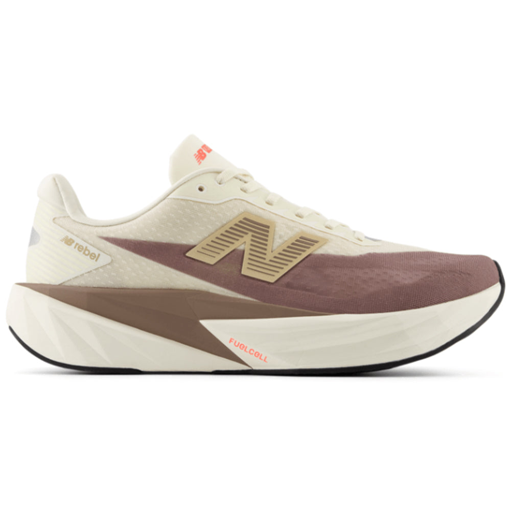 Side view on white background of Mens New Balance FuelCell Rebel running shoe in Angora/Earth Shadow/Sea Salt, Wide width