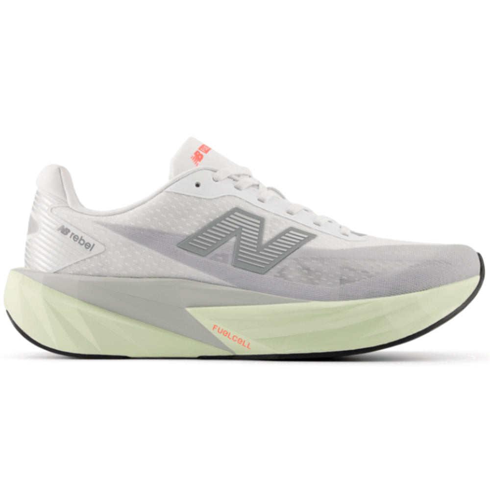 Side view on white background of Mens New Balance FuelCell Rebel running shoe in Raincloud/Mineral/White, Wide width