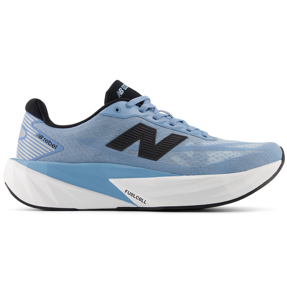 Side view on white background of Mens New Balance FuelCell Rebel running shoe in Still Water/Raincloud/White, Medium (Regular) width