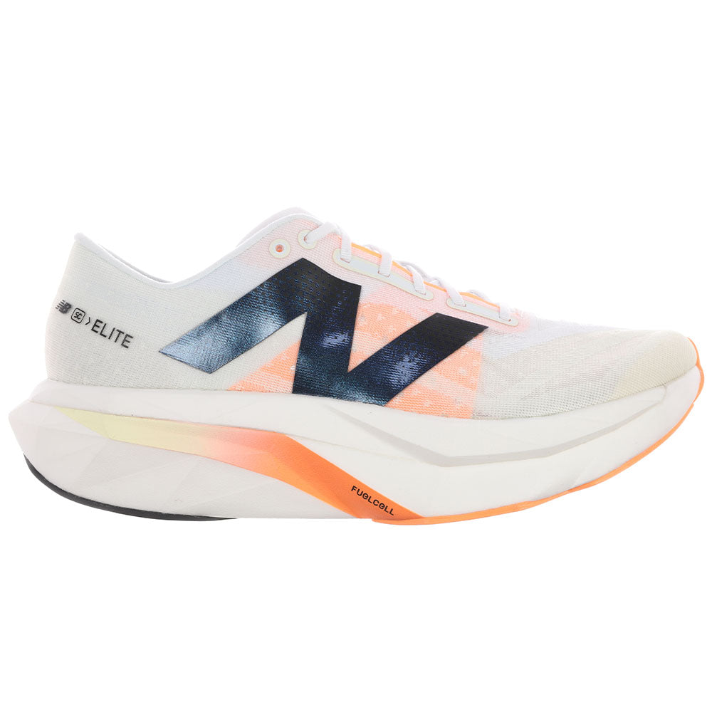 Side view on white background of Mens New Balance FuelCell SuperComp running shoe in White/Angora/Hot Mango, Medium (Regular) width